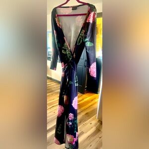 Black silky floral full length stunning wrap dress by Voodoo Vixen in Medium!